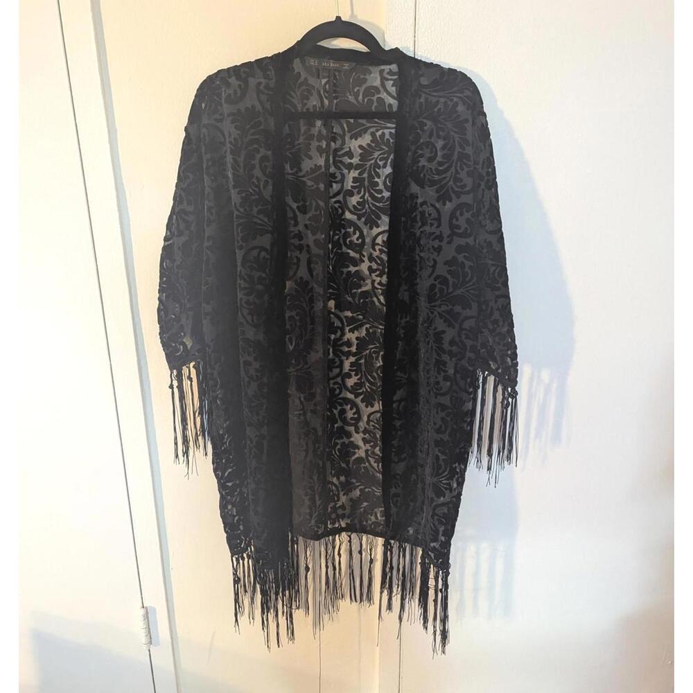 Zara Black Velvet Floral Shawl Cardigan Top with Fringe
